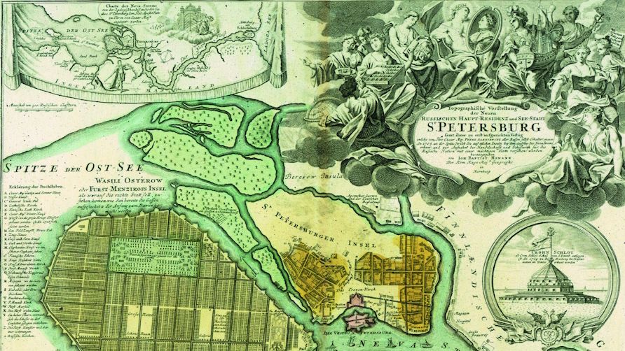 Coloured map of the city of St. Petersburg in the 18th century with the surrounding islands.