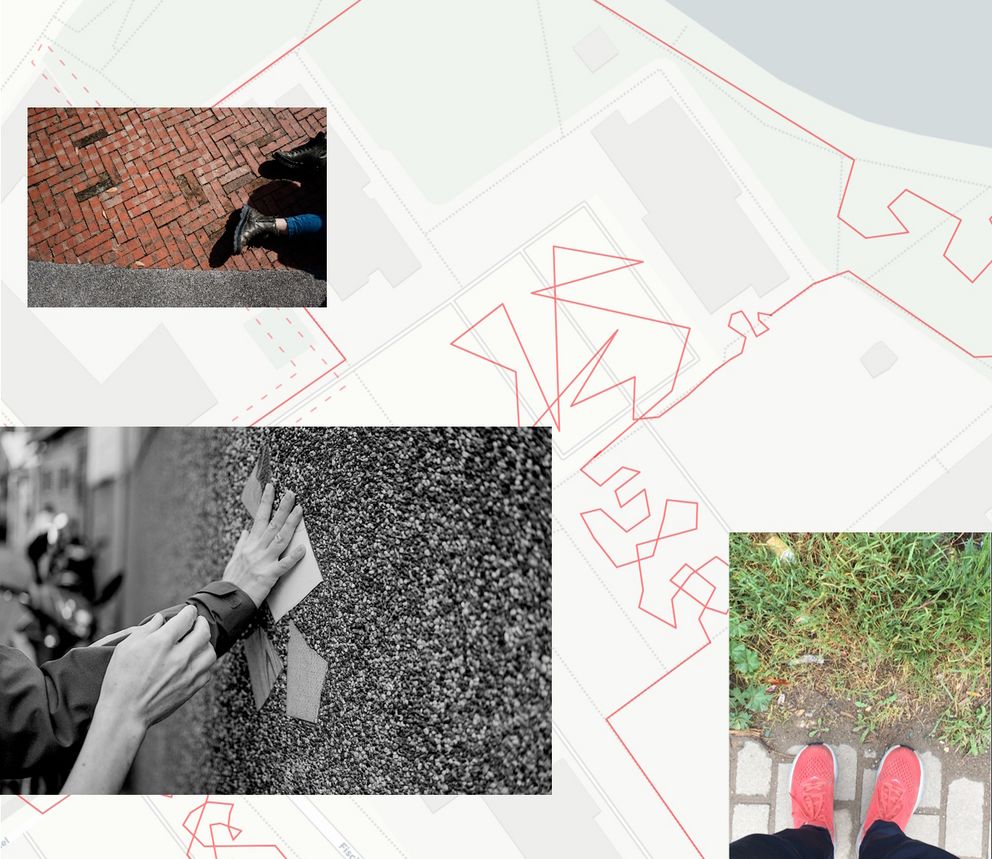 eine geografische Karte mit markierten Wegen im Hintergrund und Bilder von Händen und Füßen auf Wegen