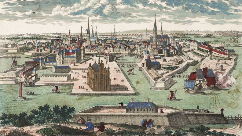 kolorierte Karte von Kopenhagen mit Häusern und Kirchen aus dem 18. Jahrhundert.