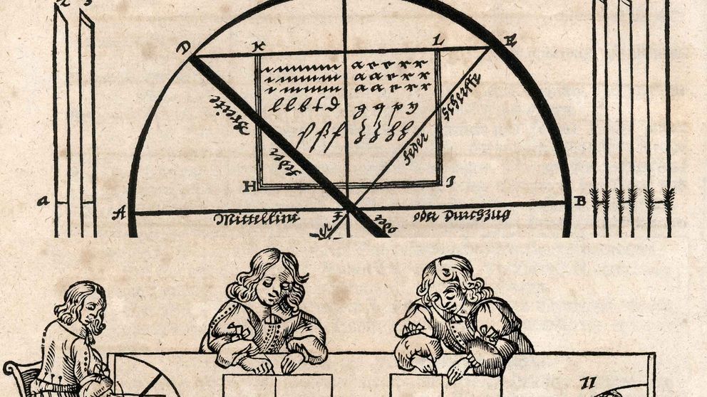 Historische Grafik mit drei Menschen am Tisch.