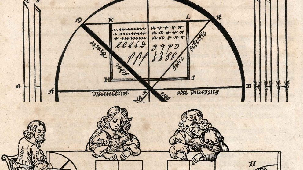 Historische Grafik mit drei Menschen am Tisch.