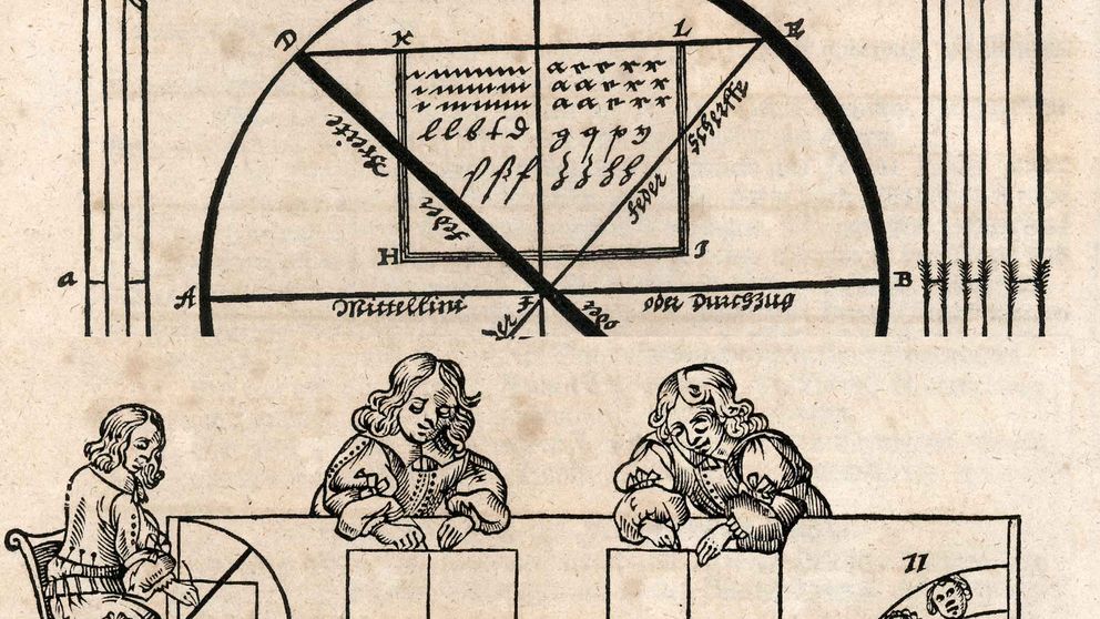 Historische Grafik mit drei Menschen am Tisch.