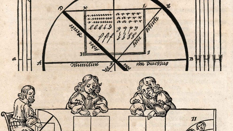 Historische Grafik mit drei Menschen am Tisch.