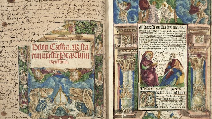 Detail eines reich kolorierten bibeldrucks aus dem 16. Jahrhundert.