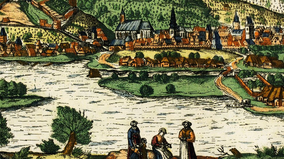 Koloriertes Detail einer Karte Siebenbürgens mit der Ansicht einer Siedlung an einem Fluss 