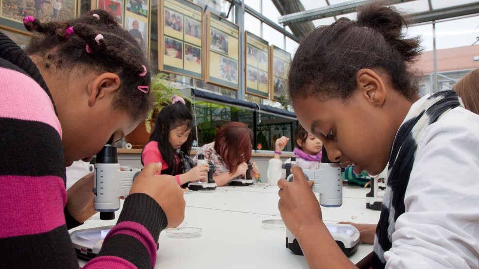 Two girls examining a sample with a microscope, curiously discovering scientific details