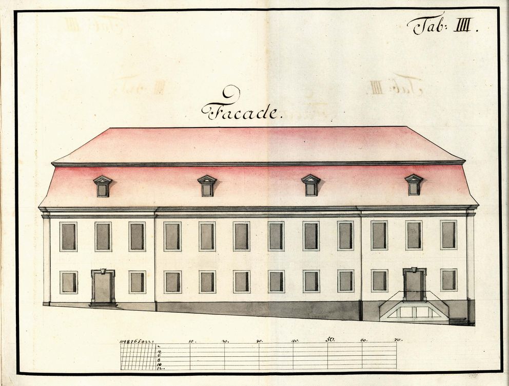 Eine historische Zeichnung zeigt den Aufriss eines Hauses in den Franckeschen Stiftungen