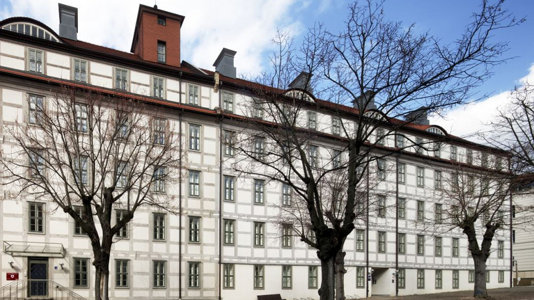 View of the largest half-timbered residential building in Europe, the Long House at the Lindenhof Courtyard.