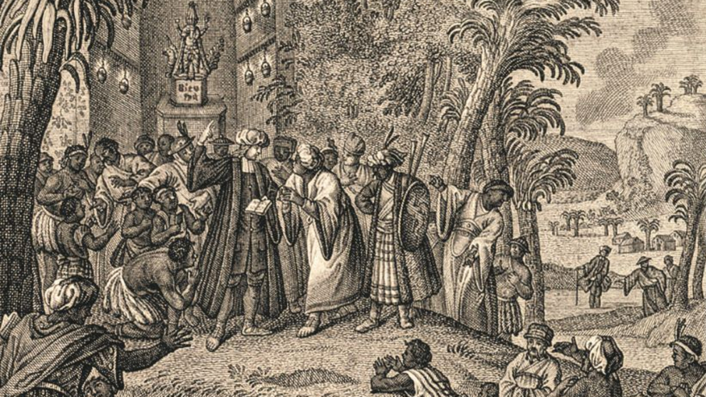The copperplate engraving shows excerpts from the history of the Danish-Halle Mission in an overall composition with the founding missionary Bartholomäus Ziegenbalg in the centre. 