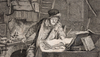 The historical etching shows a man with glasses and a cap, surrounded by books, reagent bottles and instruments, sitting and working in his laboratory by a fire. 
