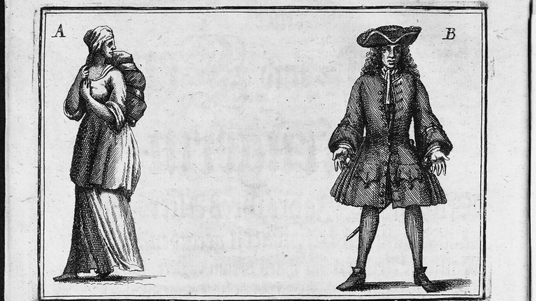 Darstellung von Catharina Margaretha Linck einmal in Frauenkleidung und einmal in Männerkleidung (1720)