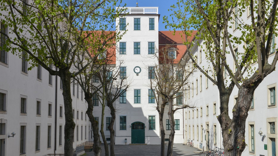 Das Foto der Rückseite des Waisenhauses entstand im Frühjahr, wenn das Grün der Linden noch nicht den Blick auf die weißen Gebäude verdeckt. 