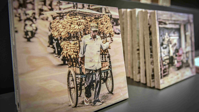 Fotos auf Holzplatten stehen hintereinander