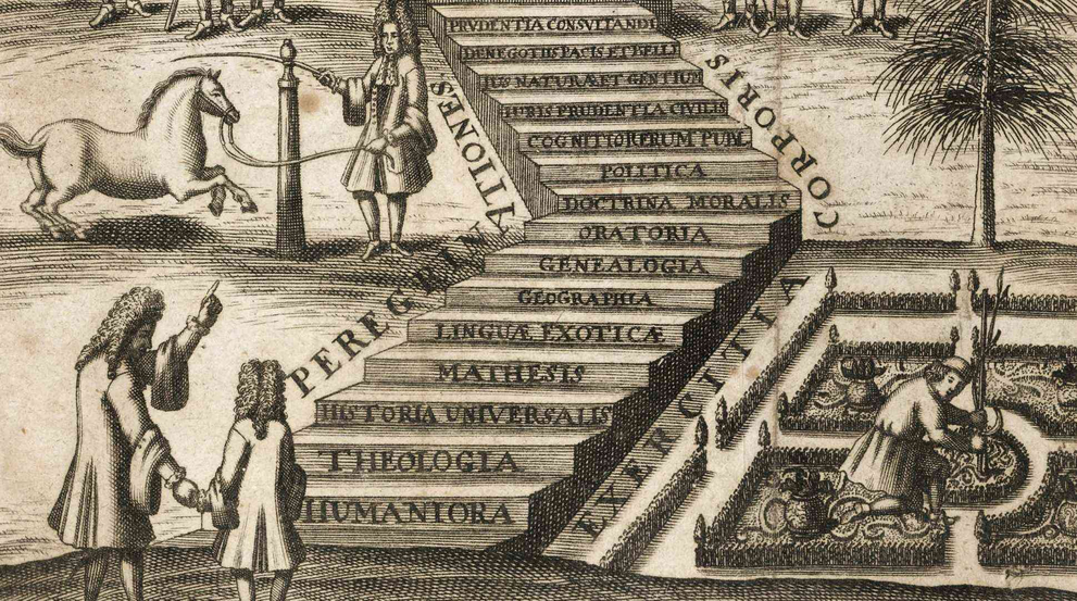Father and son stand in front of the educational staircase, whose 15 steps show the necessary disciplines of knowledge.