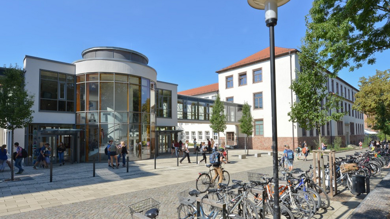 View of the northern school building of the Latin School with the modern glass connector