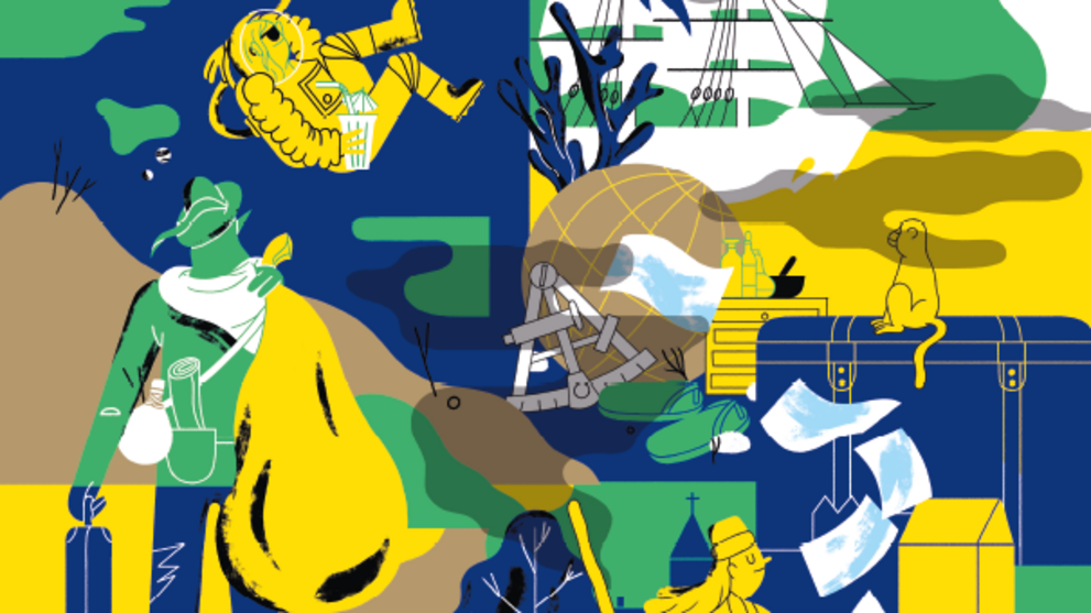 Graphic of the theme year »Bewegte Zeiten. Zur Geschichte und Zukunft des Reisens«
