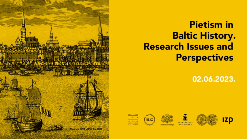Detail of a historical image of the city of Riga with sailing ships in the foreground, next to it announcement text of a conference