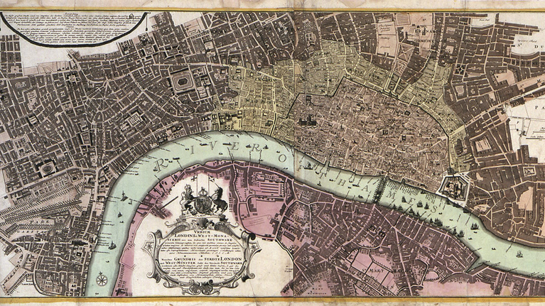 farbiger Stadtplan von London im 18. Jahrhundert
