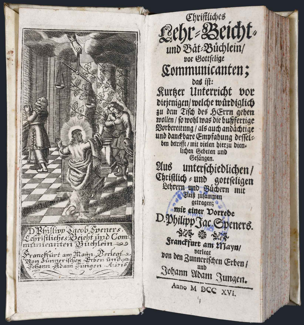 Titel und Frontispiz zu "Christliches Lehr-, Beicht- und Bät-Büchlein, vor Gottselige Communicanten" aus dem Besitz Cansteins