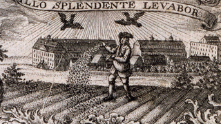 Ein historischer Stich von Gottfried August Gründler zeigt einen Bauern bei der Aussaat auf einem Feld vor den Franckeschen Stiftungen.