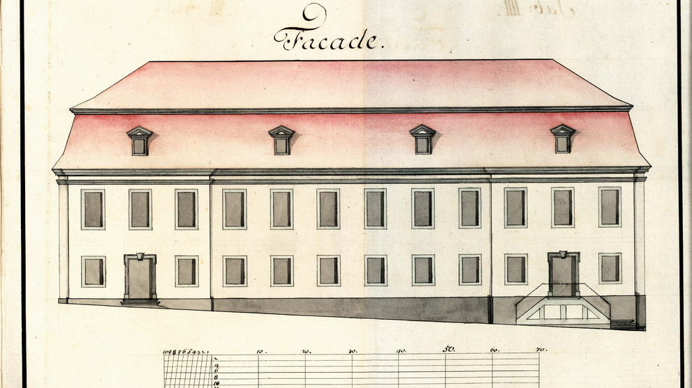 Aufriss mit Nordansicht der Bibliothek für Reparaturmaßnahmen.