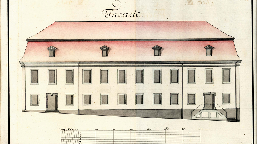 Aufriss mit Nordansicht der Bibliothek für Reparaturmaßnahmen.