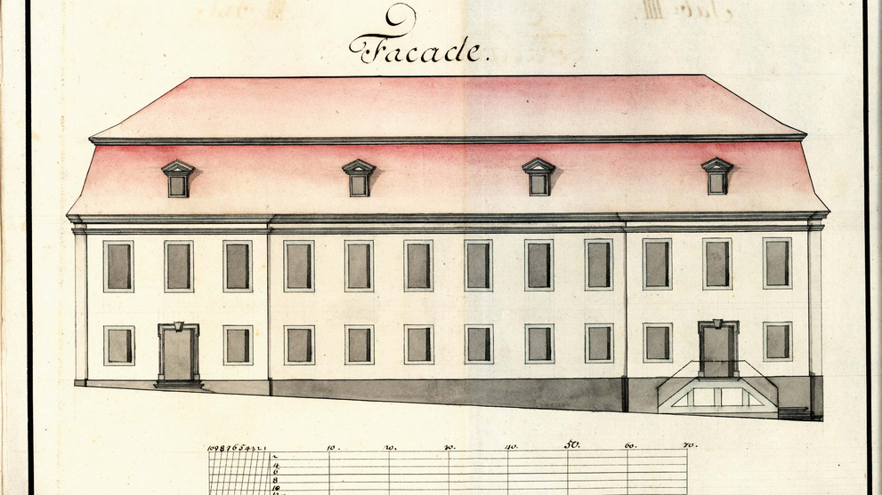 Aufriss mit Nordansicht der Bibliothek für Reparaturmaßnahmen.