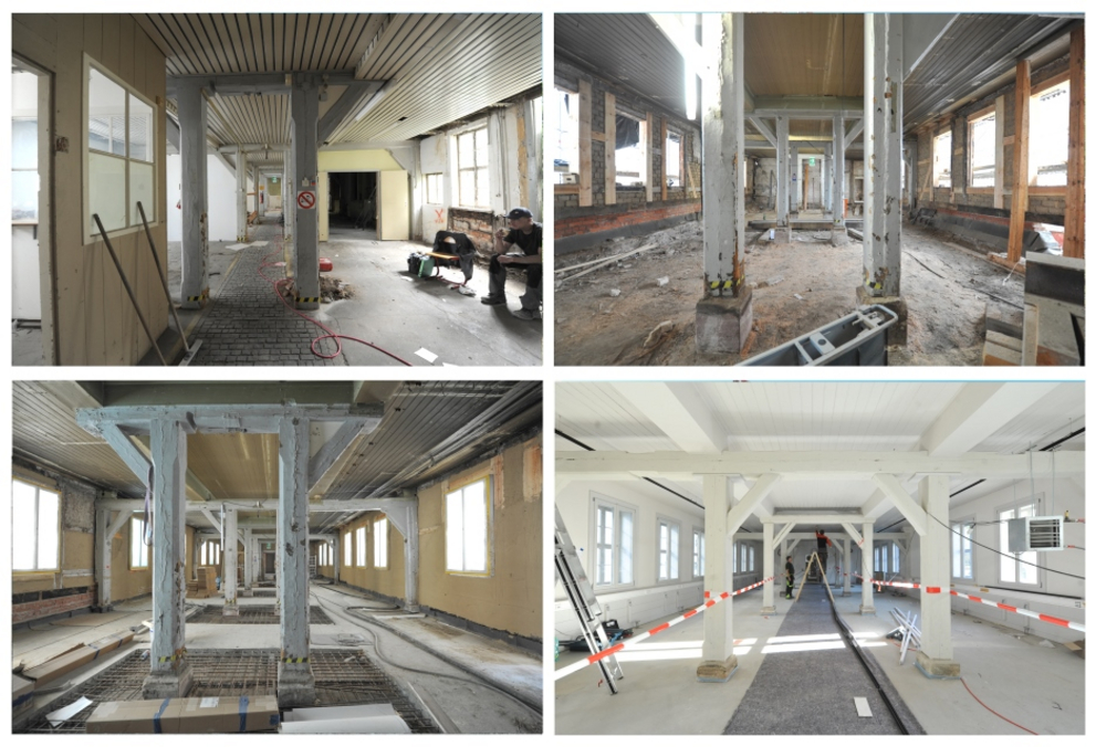 Four renovation stages of the former printing shop hall for the Leo Lab. The result is a bright, large creative space on the ground floor. 