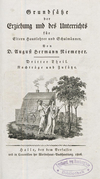 Titelblatt: Niemeyer, August Hermann: Grundsätze der Erziehung und des Unterrichts für Eltern, Hauslehrer und Schulmänner. 5., verb. Ausg. Theil 3. Halle: Waisenhaus, 1806.
