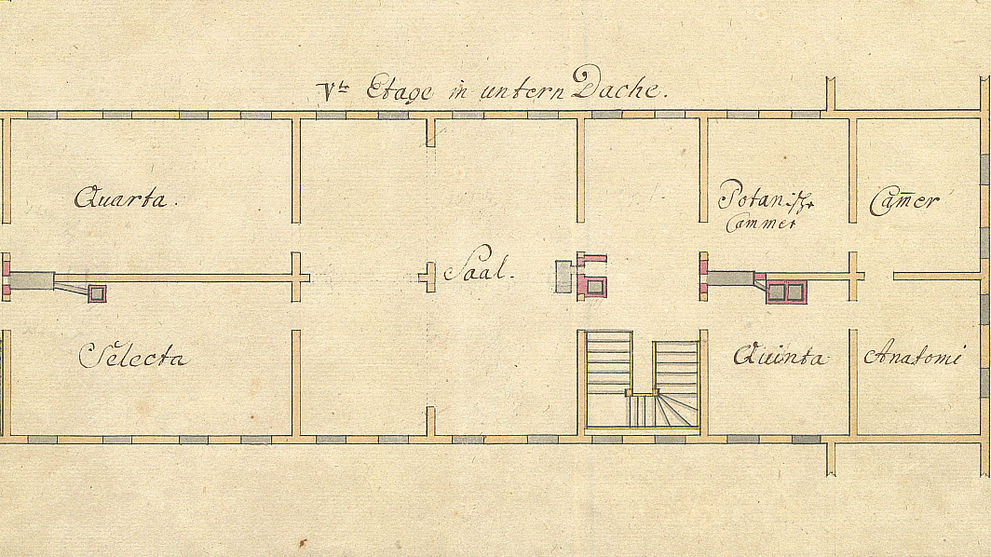 Top floor of the Pädagogium with specially designated classrooms, detail of a plan drawing, c. 1750