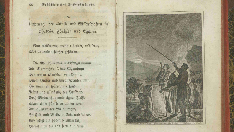 die erste Seite eines alten Textes über den Ursprung der Künste mit einer Abbildung, wie Männer nachts den Himmel beobachten 