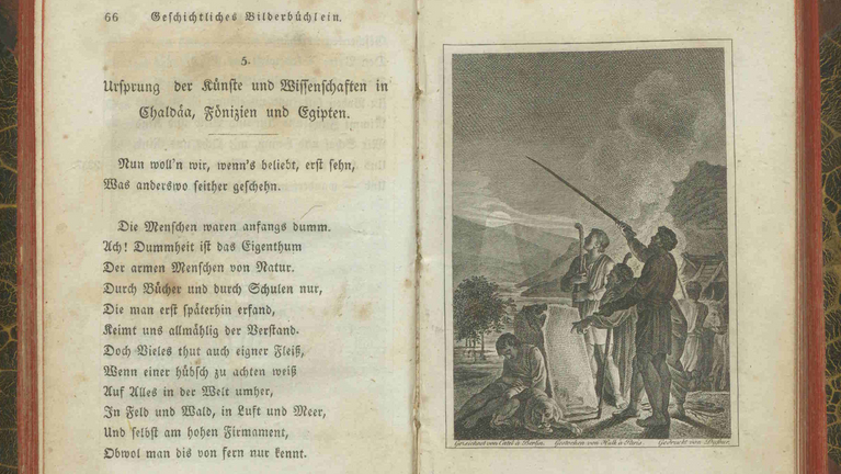 die erste Seite eines alten Textes über den Ursprung der Künste mit einer Abbildung, wie Männer nachts den Himmel beobachten 