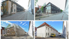 The collage shows four views of the printing shop building from the east before, during and at the end of the renovation work. 