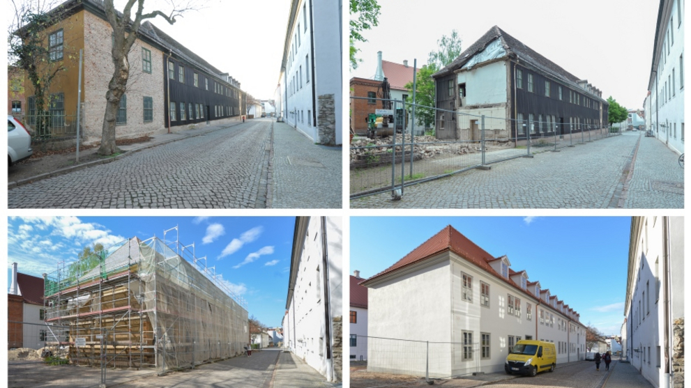 Die Collage zeigt vier Ansichten des Druckereigebäudes von Osten vor, während und zum Abschluss der Sanierunsarbeiten. 