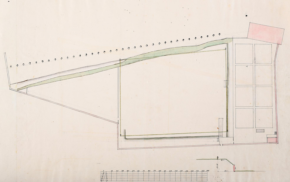 Situationsplan der Gartenflächen des Königlichen Pädagogiums mit dem Botanischen Garten. Um 1750. 